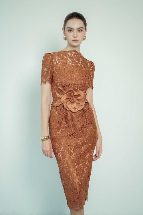 Sixdo Brown 3D Flower Lace Pencil Dress